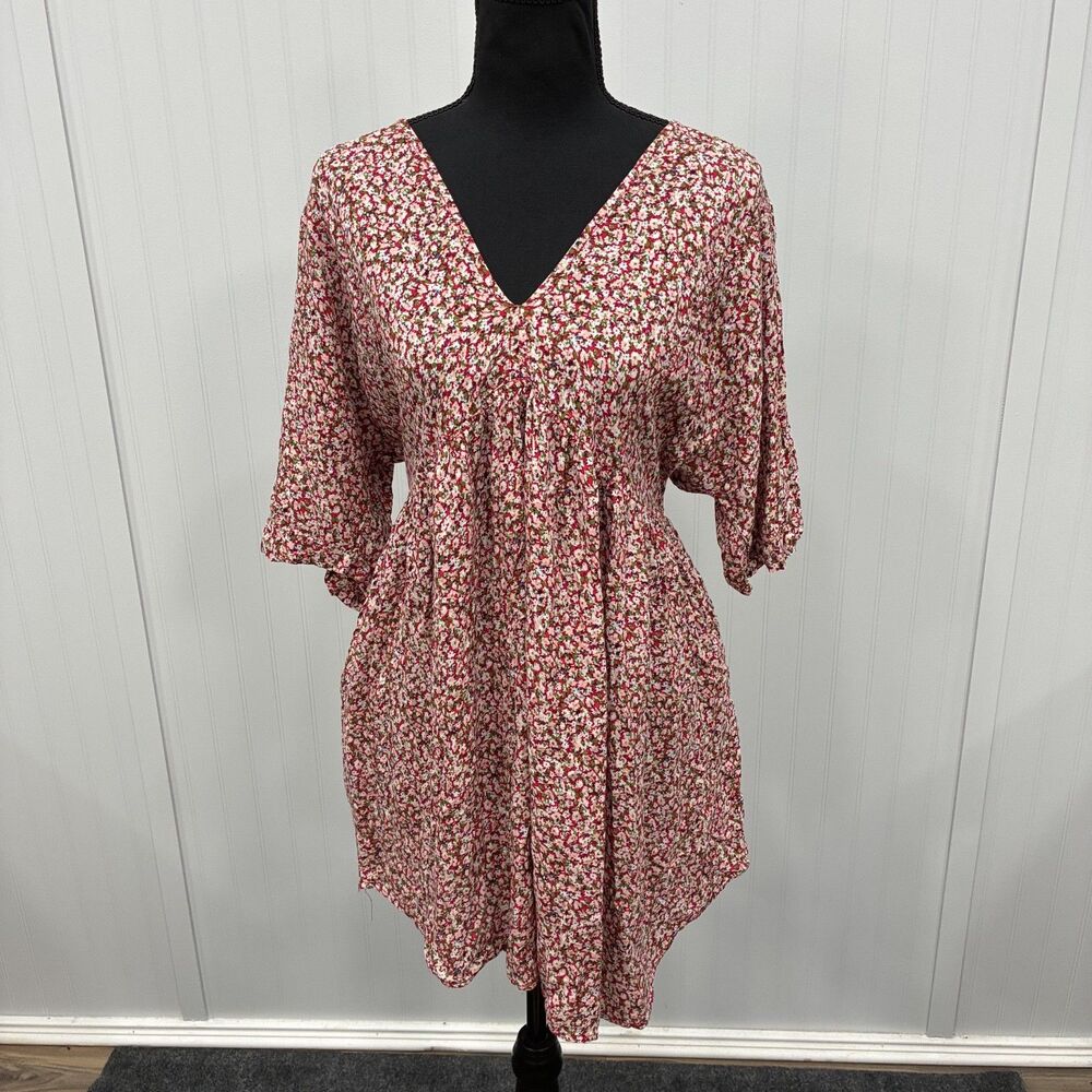 Natural Life Women's L/XL Red Floral Mini Babydoll Dress Cottagecore Boho Breezy
